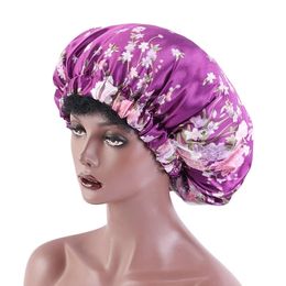 Popular European Hair Cap For Sleeping American Large Satin Round Printed Night Hat Brim Bonnet Elastic Wide Turban