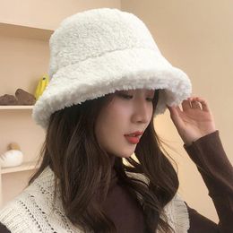 Women Autumn Winter Hat Ladies Solid Berber Fleece Bucket Hat Female Flat Top Thick Warm Panama Packable Fishing Cap