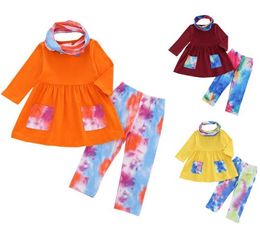 2020 Ins Tie Dye Baby Outfits Children Girls Pocket Dress Top + Tie-Dyed Pants With Scarf 3Pcs/Set Spring Autumn Kids Clothing Sets BY1611