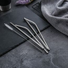 5pcs/set Straight and Bent Stainless Steel Drinking Straw with Cleaning Brushes Eco-friendly Metal Silver Outdoor Juice and Milk Straws