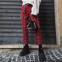 Rosetic Harajuku Red Plaid Casual Pants Women Vintage Fashion Streetwear Preppy Style Fashion Gothic Pants Chic Trousers 201228