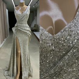 Giltter Sier Sequins Prom Dresses V Neck Side High Split Ruffles Sweep Train Custom Plus Size Evening Party Gown Formal Ocn Wear 403 403