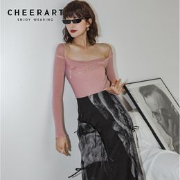 CHEERART Pink Open Back Blouses Long Sleeve Knitted Ladies Top Black Tight Fashion Blouse Women Sexy Top Clothes 201201