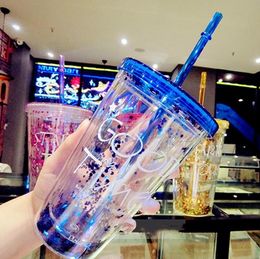 The latest 15.2OZ plastic cup 4 Colours summer straw cup comes with lid, glitter cup, supports custom logo, free shipping