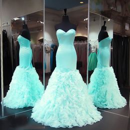 Unique Mermaid Sky Blue Prom Dresses Long Applique Ruffles Backless Evening Party Gowns Robe De Soiree