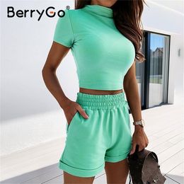BerryGo Sexy turtleneck two-piece women shorts set Casual short sleeve womens tracksuit Tight female suits summer sport suit LJ200815