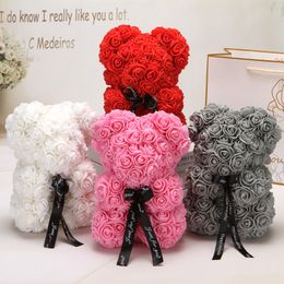 25cm Bear of Rose Dolls PE Artificial Rose Handmade Romantic Love Heart Rose Flower Bear Foam Toy Valentine's Day wedding Gift Y200104