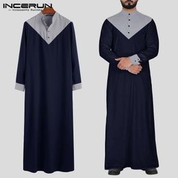 INCERUN Arabic Islamic Kaftan Muslim Men Stand Collar Patchwork Retro Jubba Thobe Long Sleeve Men Clothes Robe S-5XL 2020