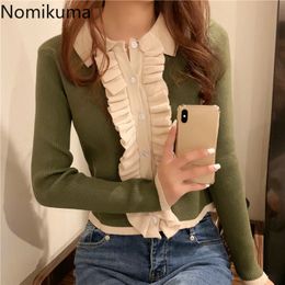 Nomikuma Sweet Ruffle Patchwork Knit Cardigan Autumn Long Sleeve Turn-down Collar Knitwear Korean Slim Sweater Coat 6C971 210204