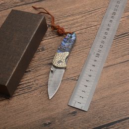 1Pcs New Damascus Small EDC Pocket Folding Knife Damascus Steel Blade Abalone shell Handle Gift Knives With Gift Box