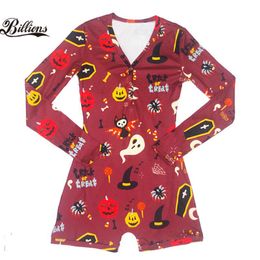 Women Jumpsuits New Halloween Printed Casual Fashion Long Sleeve Rompers V Neck Short Onesies Women Plus Size Bodycon