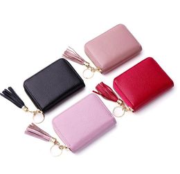 DHL30pcs Wallet Women PU Plain Multifunctional Square Short Card Wallet With Tassel Mix Color Zipper Card Holder
