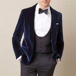 TPSAADE Custom Navy Blue Velvet Men Suit For Wedding Slim Fit Tuxedos Masculino Groom Prom Mens Suits 3pieces(Jacket+Pants+Vest)1