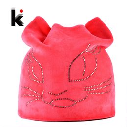 Winter Beanie Hats For Women Diamond Cat Velvet Gorros For Girls Warm Fluff Beanies Cap With Ears Toucas Feminina Inverno Y201024