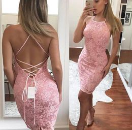 Sexy Pink Prom Dresses Above Knee Length Lace Applique Backless Criss Cross Straps Halter Evening Tail Party Gowns Vestido