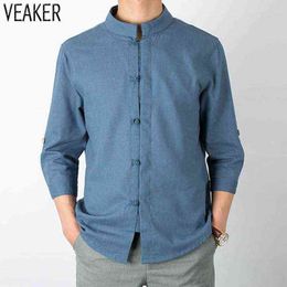 2021 New Men's Chinese Style Cotton Linen Shirts Male Vintage Three Quarter Sleeve Casual Linen Shirt Solid Color Tops Shirt 5XL G1222