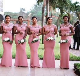 Şeffaf boyun Afrika Pembe Deniz Kızı Bridemaid Elbiseler Dantel aplike edilmiş resmi parti düğün konuk elbisesi onur elbiseleri vestido de festa longo