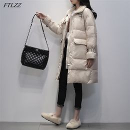 FTLZZ Winter Lamb Fur Stand Collar Long Jacket Women 90% White Duck Down Coat Loose Thick Parkas Turndown Collar Snow Outwear 201201