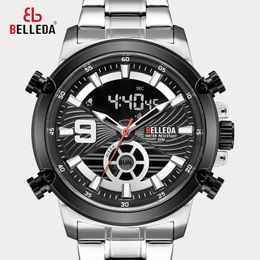 Relógio de quartzo de aço preto com tela de esportes analógica dupla para a marca de luxo da marca dos homens
