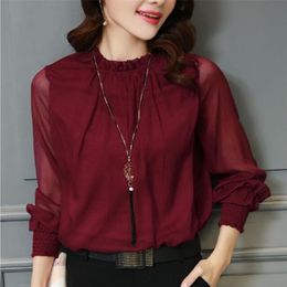 Chiffon Blouse Women Tops Long Sleeve Stand Neck Work Wear Shirts Elegant Lady Blouses Casual Solid Colour Blusas 220307