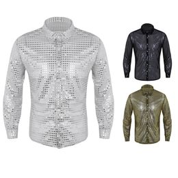 Mens Fashionable Shiny Sequins See Through Mesh Shirt Clubwear Long Sleeves Loose Fit Party Dance Performance c Shirt