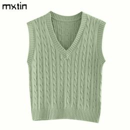 vintage stylish solid knitted vest sweater women sueter mujer V neck sleeveless elasticity waistcoat preppy style tops 201017