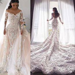 Champagne Mermaid Dresses Long Sleeves Off The Shoulder Lace Applique Overskirt Tulle Embroidery Wedding Gowns Vestido De Novia 403