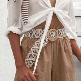 Fashion Wooden Button Belt Elastic Straw Belt Decoration Women waist Waistband G220301