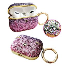 Bling Glitter Gradient Rainbow Full Diamond Plating Headphone Accessories Shockproof Protective Case With Anti Lost Ear Keychain Hook For Apple AirPods 1 2 Pro