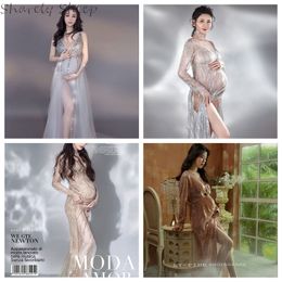 Pregnancy Photography Long Mermaid Dress Maternity Pregnant Women Photo Shoot Lace Dresses Clothes fotoshooting Voile Costume LJ201114