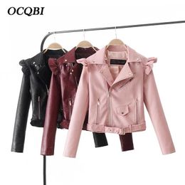 Agaric Bomber Leather Pink Plus Size Spring PU Streetwear Moto Crop Parkas Wine Slimming Jacket Women 201027