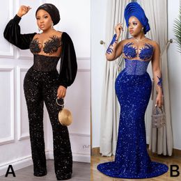 Royal Blue Black Sparkly Evening Jumpsuit Dresses Long Sleeve Plus Size African Lace Sequins Aso Ebi Prom Pant Suit koftan doubai robes de soirée