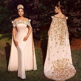 Pink Mermaid Evening Dresses with Wrap Off Shoulder Embroidery Prom Dress Floor Length Robe De Soiree Formal Party Gowns