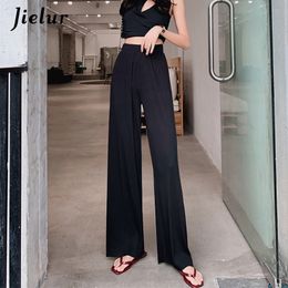 Jielur High Waist Pleated Pants Female S-XXL Thin Simple Loose Straight Women Trousers Black Navy Blue Wide Leg Long Pants 201031