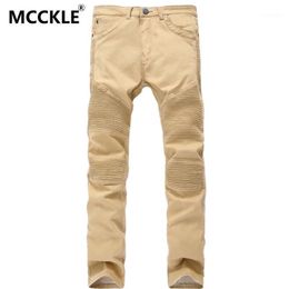 Men's Jeans Wholesale-Khaki Mens Biker Fashion Brand Designer Pleated Moto Pants Male Light Ripped Slim Fit Straight Denim Joggers Q23001