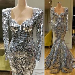 2022 New Sparkly Sequins Silver Mermaid Evening Dresses Long Sleeves Arabic Evening Dress Dubai Long Elegant Women Formal Party Gala Gowns CG001