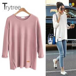 Trytree Spring Summer T-shirt Casual Cotton Polyester Six Colours Solid Full sleeve O-neck Women Long Tops Cotton Fashion Tshirt 201028