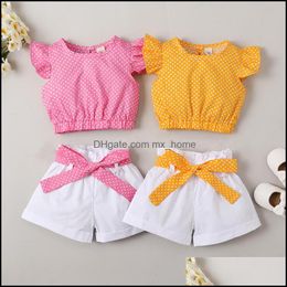 Clothing Sets Baby & Kids Baby, Maternity Girls Outfits Children Flying Sleeve Dots Tops+Stripe Shorts 2Pcs/Set Summer Fashion Boutique Clot