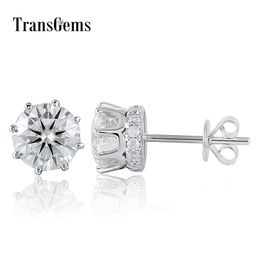 Transgems Solid 14K 585 White Gold 2CTW 6.5mm GH Color Clear Moissanite Stud Earring with Accents Push Back for Women Y200620