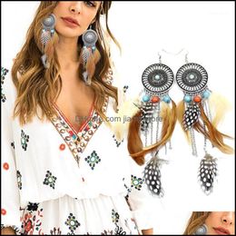 dream catcher feather earrings NZ - Dangle Chandelier Earrings Jewelry Vintage Dream Catcher Feather Coral Turkey Blue Stone Bead Big Long Chain Drop For Women Jewelry1 Deliv