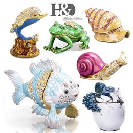 H&D Hand Painted Enamel Animal Figurine Crystal Jeweled Hinged Trinket Boxes Decorative Jewelry Box Collectible Christmas Gift 201128