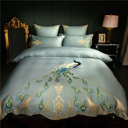 60S Egyptian cotton oriental embroidery luxury Bedding set peacock pattern queen king size 4/6pcs duvet cover bedsheet pillow T200706