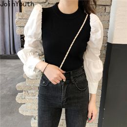 Joinyouth New Patchwork Slim Knitted Top Long Puff Sleeve Women Autumn O-neck Knitwear Ladies Korean Pullover Sweater 56672 201130