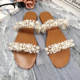 size 40-41 new arrival 2020 summer women pearl flat slippers transparent outside slippers brown slides casuals beach slippers X1020