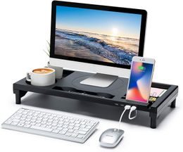 Monitor Stand, Monitor Riser with Usb3.0 Hub Support Charging, Computer Stand with Holding Slots, Desk Organiser with Phone Holder, Desktop Stand for Pc