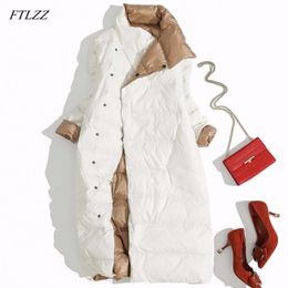 FTLZZ Plus Size 3XL Women Double Sided Down Long Jacket White Duck Down Coat Winter Double Breasted Warm Parkas Snow Outwear 201023