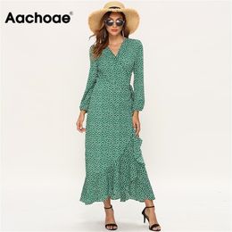 Aachoae 2020 Women Long Bohemian Dresses Sexy V Neck Split Floral Print Maxi Beach Dress Long Sleeve Ruffle Dress Vestidos Mujer LJ200820