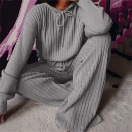 Autumn Winter Knitted Pyjama Set Women Hooded Pyjama Pants Home Suit for Women Long Sleeve Sleepwear Loose Lounge Wear Ladies 201217