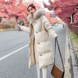 FTLZZ Winter Women Large Natural Fur Collar Hooded Long Down Parkas Horn Button 90% White Duck Down Coat Warm Snow Outwear 201103