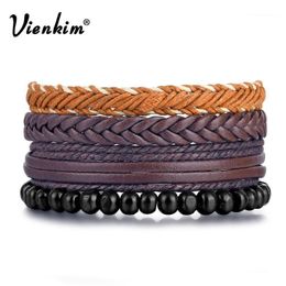 Charm Bracelets Vienkim Gentleman Wood Beads Multilayer Leather Bracelet Bangle For Men Classic Handmade Weave Rope Set Jewellery 20211